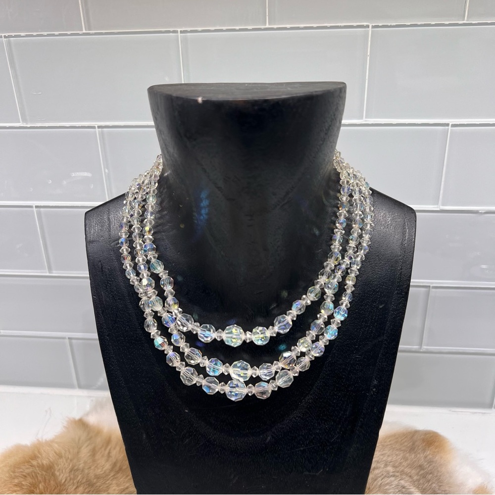 Vintage 1950’s Aurora Borealis Beaded Necklace Crystal Glass Faceted Tri-Strand